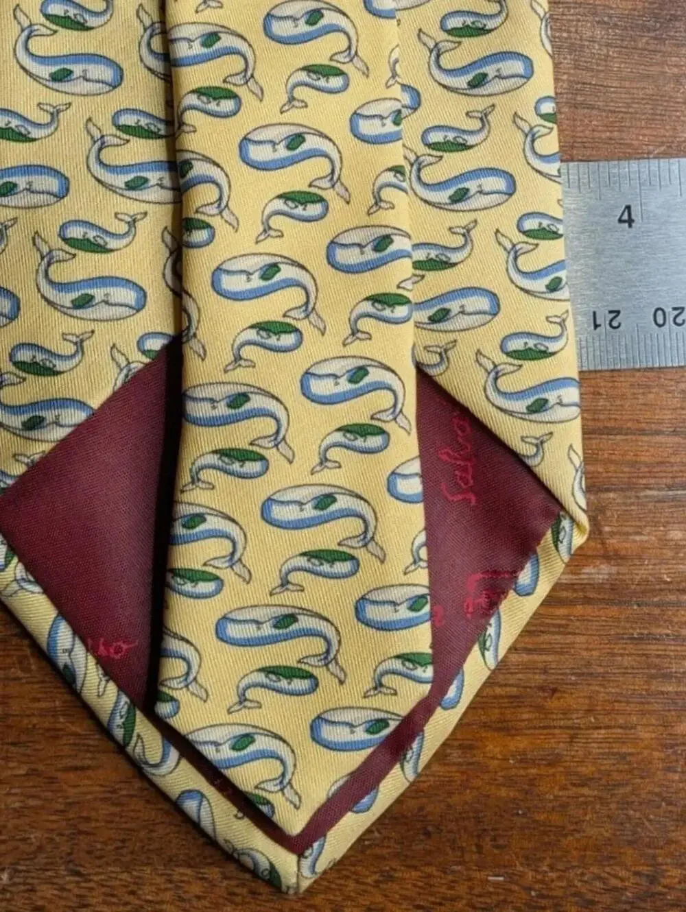 Salvatore Ferragamo $240 Yellow Blue Whale Nautical Italian Made 100% Silk Tie
